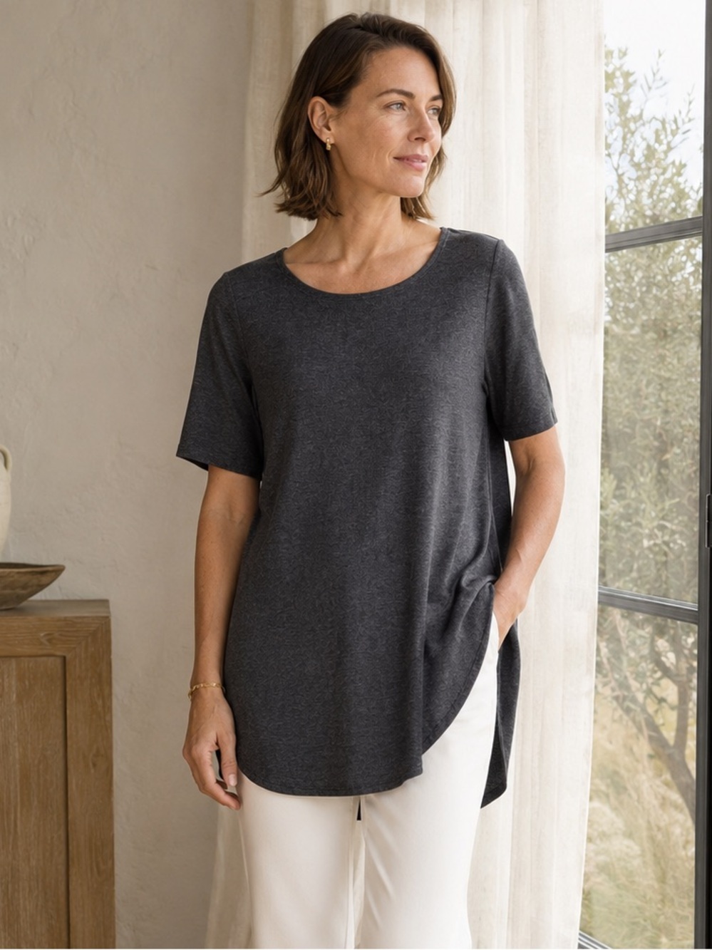 Eileen Fisher Stretch Jersey Tunic Tee Gray High Low Top Medium